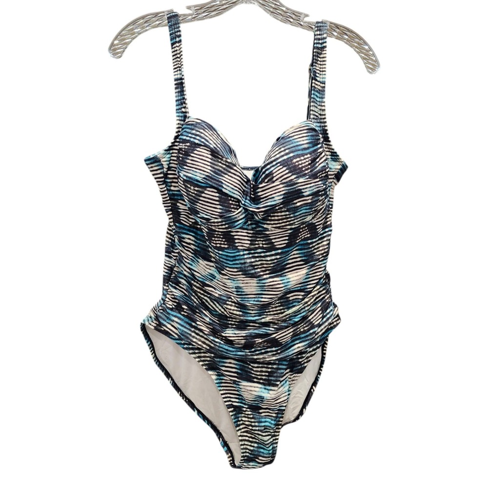 La‎ Blanca Women's Wave Print Ruche Front Blue Black White 1-Piece Swimsuit 12